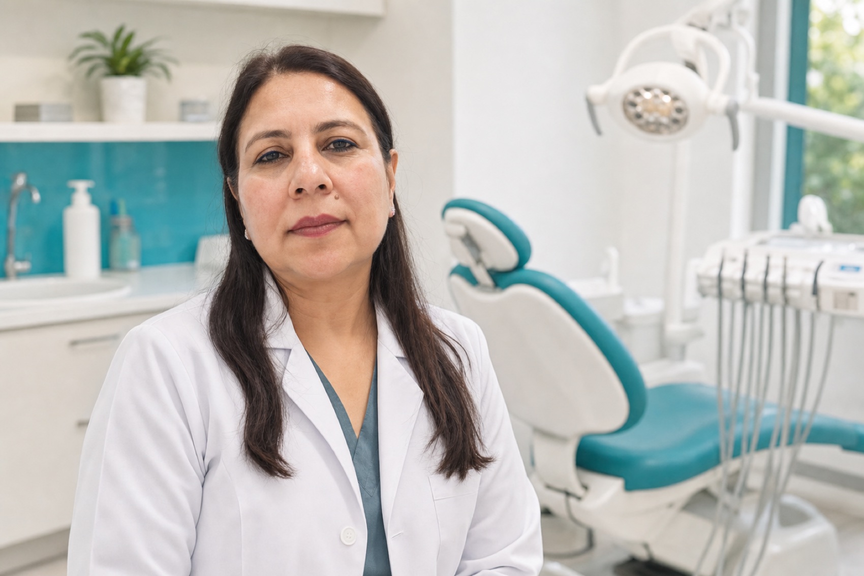 AI-enhanced portrait of Dr. Jyoti Sethi in a dental clinic