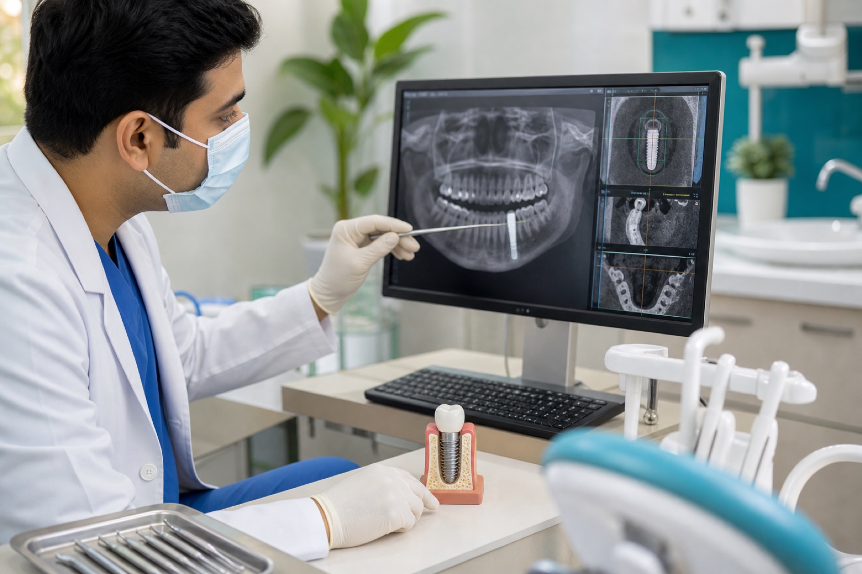 Dentist reviewing implant planning on monitor