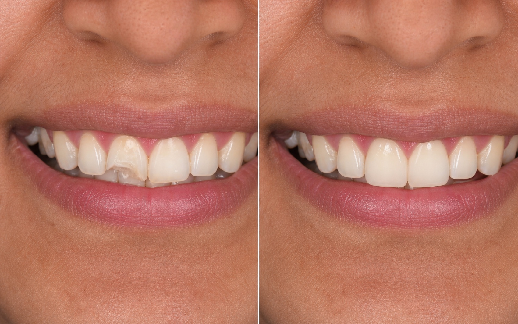 Illustrative before and after crown restoration result