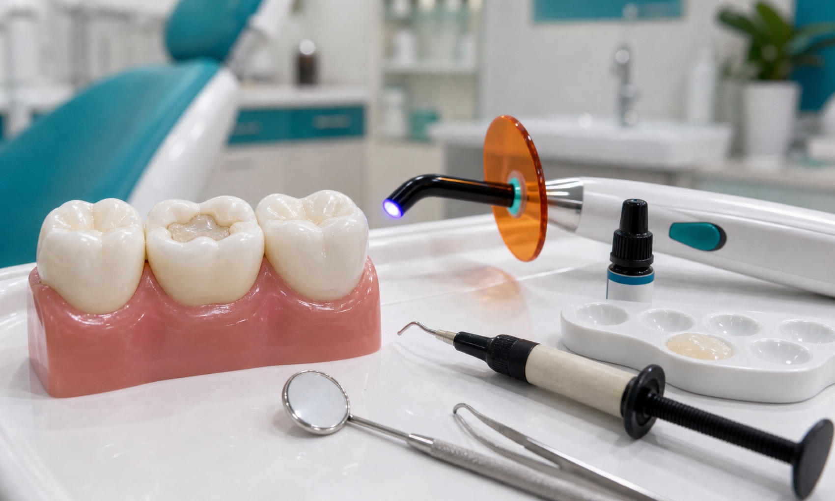 Dentist checking a tooth before dental filling