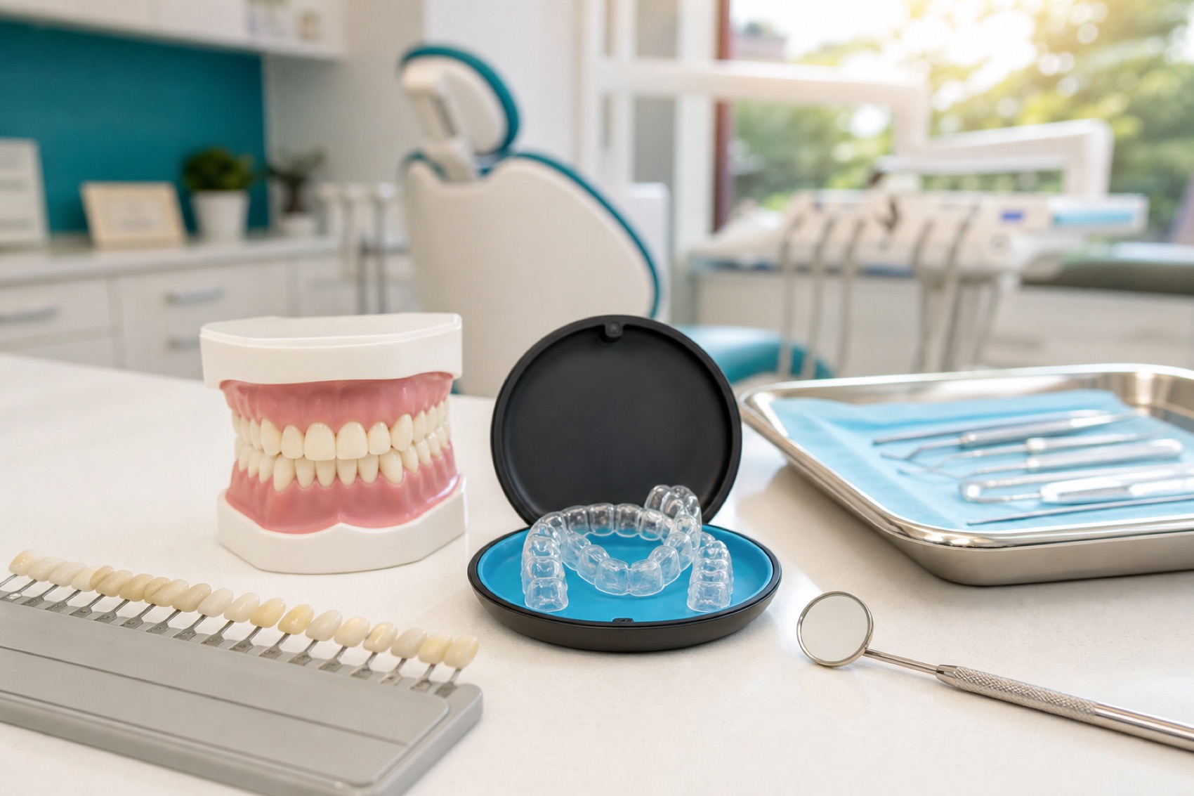 Clear aligners and dental shade guide in clinic